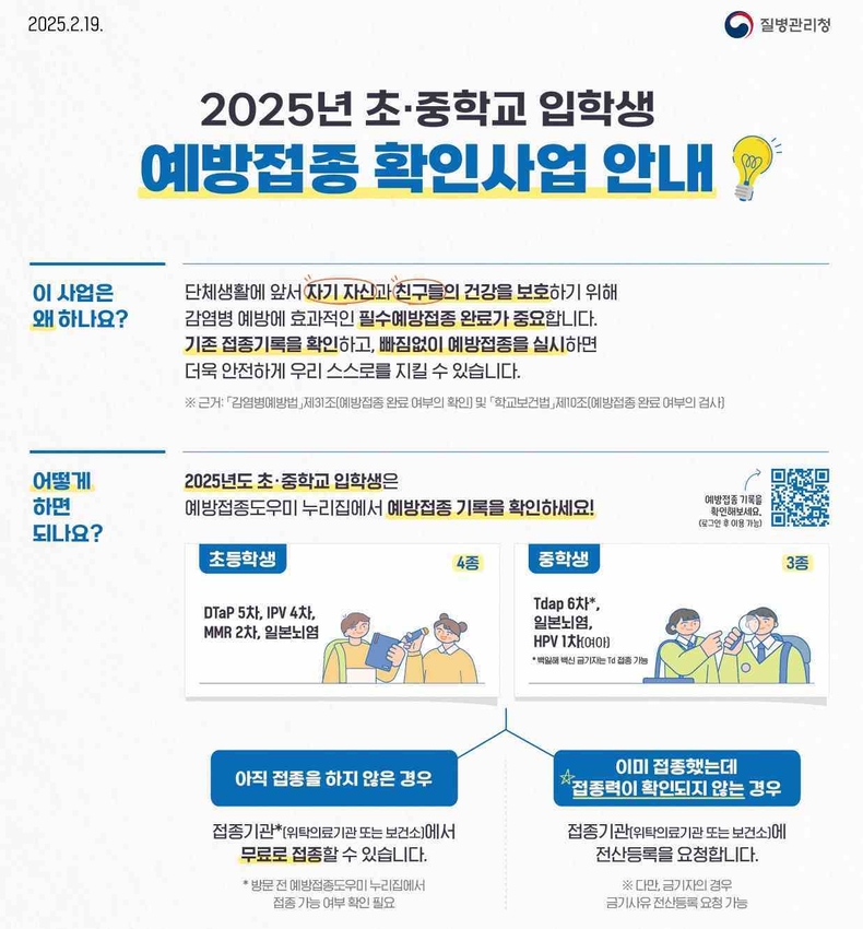 평택시는 초·중학교 입학을 앞둔 학생들의 건강한 학교생활을 위해 감염병 예방과 건강 보호에 꼭 필요한‘예방접종’(초등학교 4종, 중학교 3종)을 완료해 줄 것을 당부했다.
