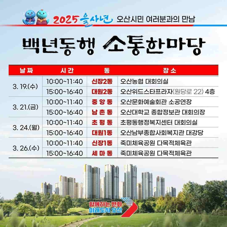 오산시가 올해 백년동행 소통한마당을 진행한다. 이번 행사는 26만 오산시민을 대상으로, 오는 19일부터 26일까지 이어진다.