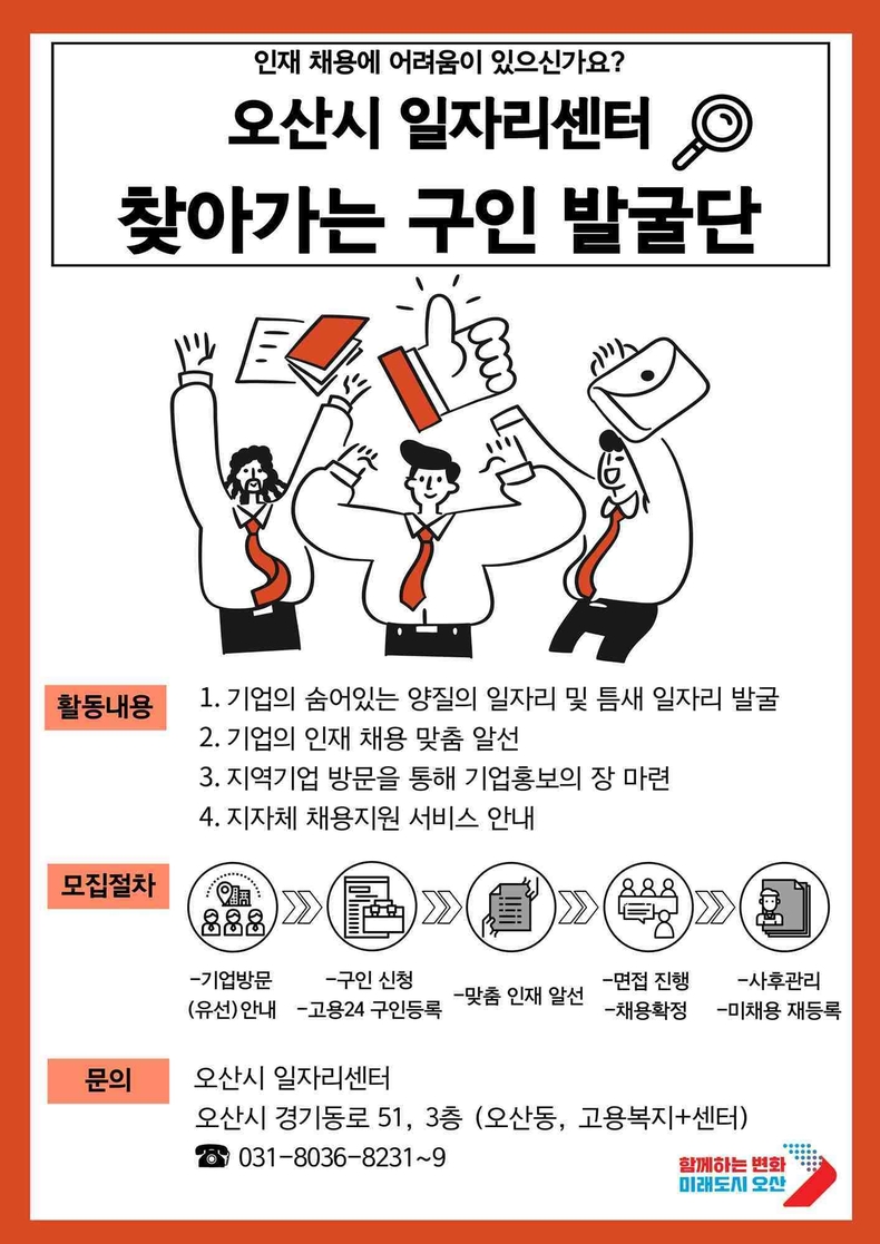 오산시가 최근 경기침체로 구인처 감소 등 어려워진 채용시장의 활성화를 위해 현장 중심의‘찾아가는 구인 발굴단’을 확대 운영한다.