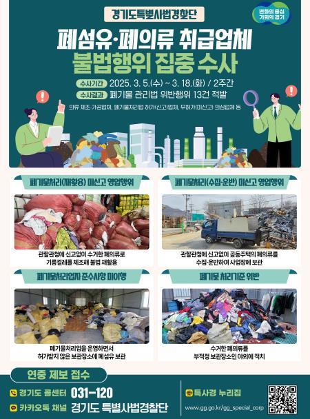 경기도가 지난 3월5일부터 18일까지 2주간 도내 폐섬유·폐의류 취급업체 75개를 대상으로 관련 법규 위반여부를 확인한 결과 미신고 폐기물처리 영업, 폐기물 처리기준 위반 등 총 13건의 불법행위를 적발했다.
