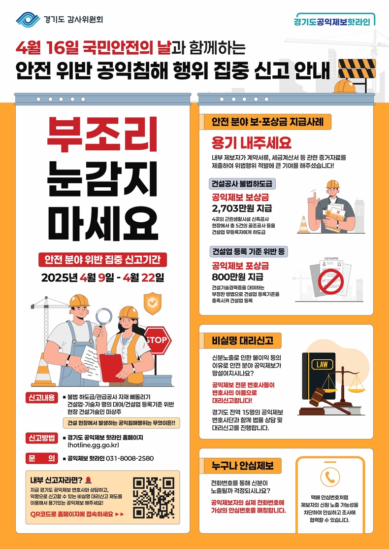 경기도 감사위원회가 오는 16일 ‘국민안전의 날’을 앞두고 9일부터 22일까지 2주간 안전 분야 공익침해행위 집중 신고 기간을 운영한다.