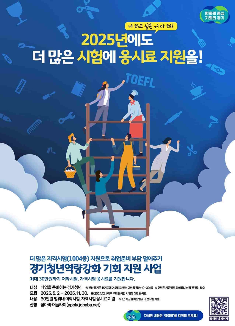 경기도가 미취업 청년에게 어학·자격시험 응시료를 지원하는 ‘경기청년 역량강화 기회지원’ 사업의 참여자를 5월2일부터 모집한다..