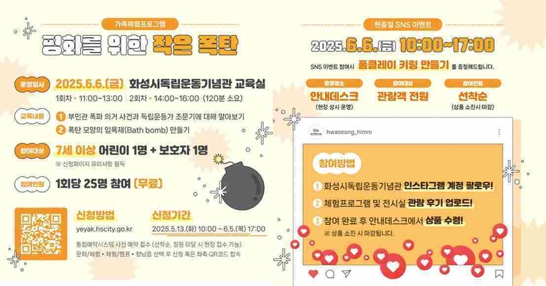 화성특례시가 현충일을 맞아 화성시독립운동기념관에서 가족 단위 관람객을 위한 특별한 문화·체험프로그램 ‘평화를 위한 작은 폭탄’을 운영한다.