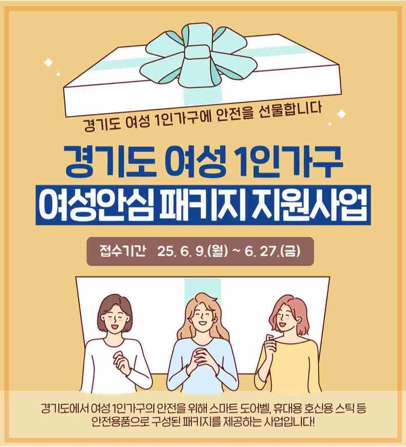 경기도가‘여성안심패키지 보급’사업 지원 대상을 여성 1인 가구, 한부모가정, 범죄 피해 여성에서 ‘여성가구 전체’로 확대하고, 6월9일부터 27일까지 참여 신청을 받는다.