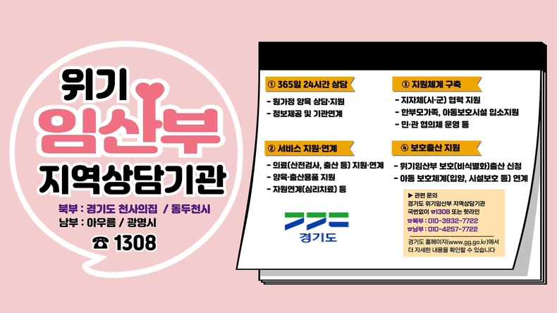 경기도가 광명시에만 있는 ‘위기임산부 지역상담기관(전화 1308)’을 경기북부 동두천 지역에 추가로 설치해 운영에 들어갔다.