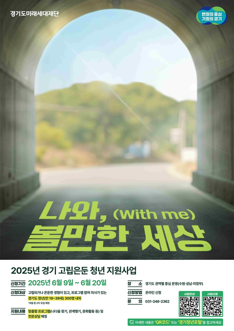 경기도가 고립·은둔 청년의 일상 회복을 돕기 위해 작년 200명에서 올해 500명으로 ‘경기 고립은둔청년 지원 사업’ 대상을 확대하고, 9일부터 1차 참여자 300명을 모집한다.