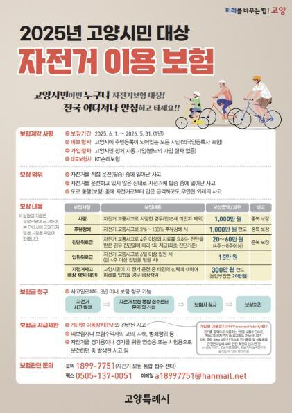 고양특례시가 시민의 자전거 이용 활성화와 예기치 못한 사고에 대한 보장을 위해 ‘2025년 전시민 대상 자전거 이용 보험’에 가입했다.