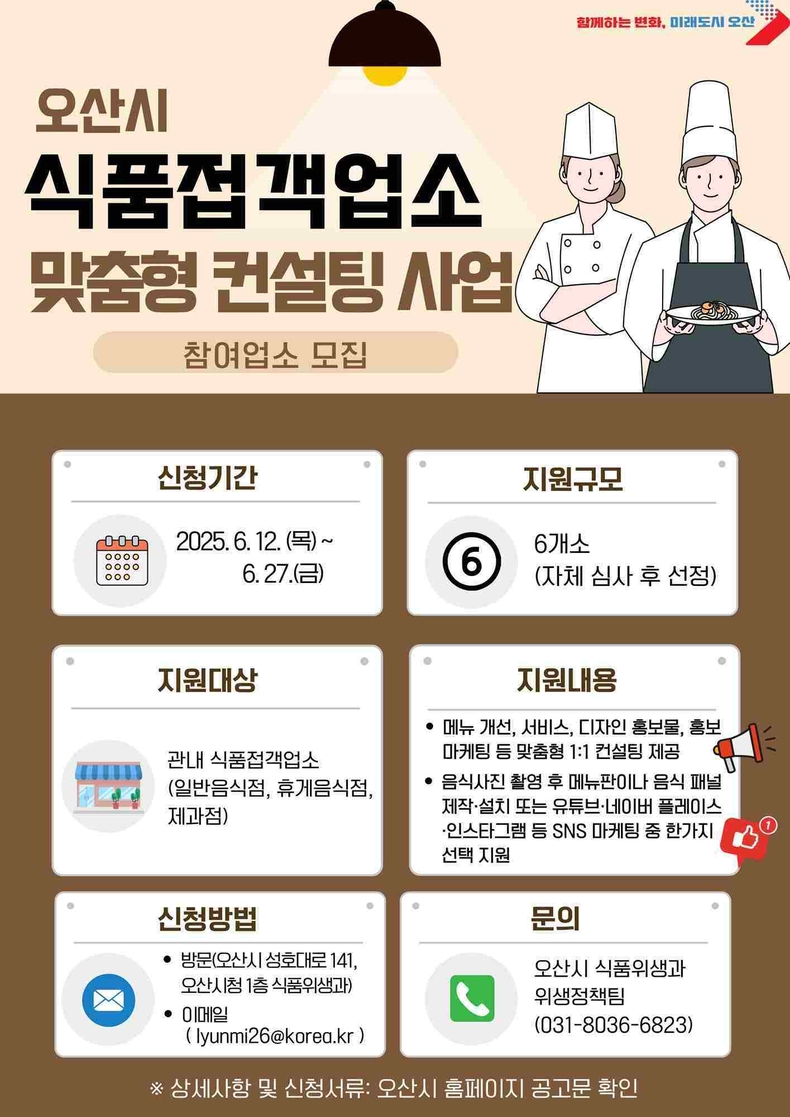 오산시가 관내 식품접객업소의 지속 가능한 성장과 경쟁력 강화를 위해 ‘2025년 식품접객업소 맞춤형 컨설팅 사업’에 참여할 업소를 오는 27일까지 모집한다.