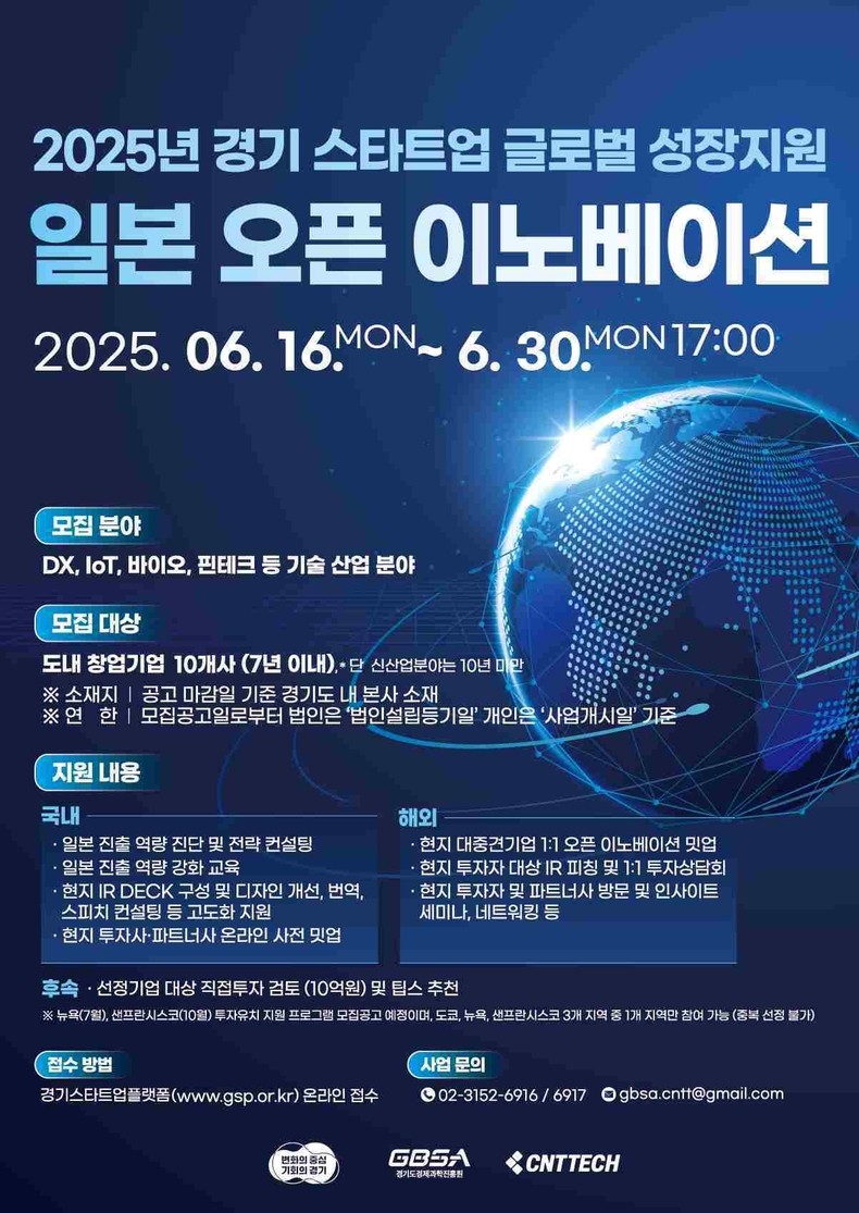 경기도와 경기도경제과학진흥원은 도내 스타트업의 글로벌 도약을 위해 ‘2025년 경기 스타트업 글로벌 성장지원 일본 오픈 이노베이션 프로그램’에 참여할 기업을 30일까지 모집한다.