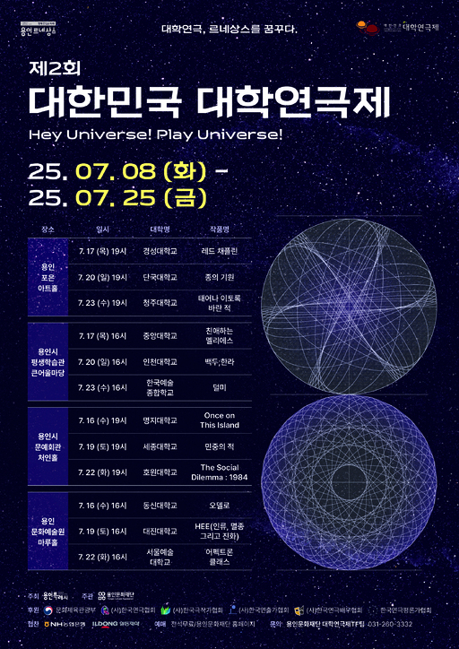 용인시는 전국 최대 규모의 체류형 연극 축제인 ‘제2회 대한민국 대학연극제’가 7월8일 시청 에이스홀에서 개막식을 시작으로 18일간의 여정을 시작한다.