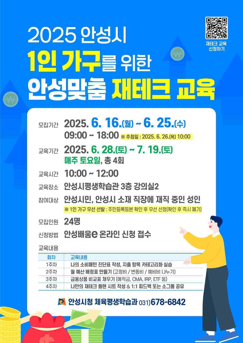 안성시가 1인 가구의 자산관리 능력을 높이기 위해 오는 28일부터 4주간 ‘안성맞춤 재테크 교육’을 운영한다.