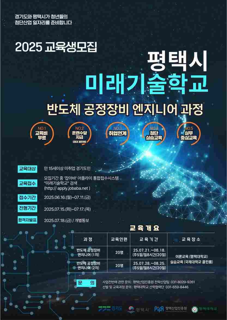 평택시는 6월16일부터 7월11일까지 미래기술학교 반도체 공정장비 엔지니어 과정의 교육생을 모집하고 있다.