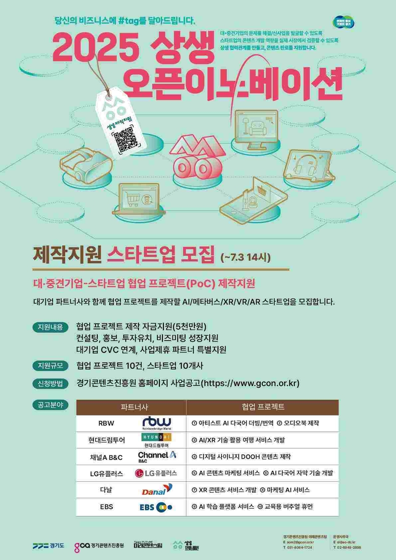경기도와 경기콘텐츠진흥원은 새싹기업(스타트업) 판로 개척과 대·중견기업 협업을 지원하는‘2025년 상생 오픈이노베이션’참여기업을 모집한다.