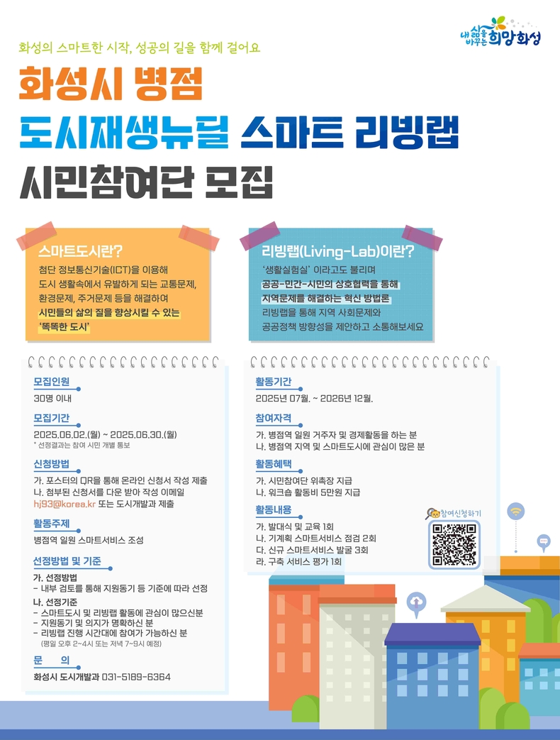 화성특례시가 도시재생 뉴딜사업의 일환으로 ‘병점 도시재생뉴딜 스마트 리빙랩’에 참여할 시민참여단을 모집한다.