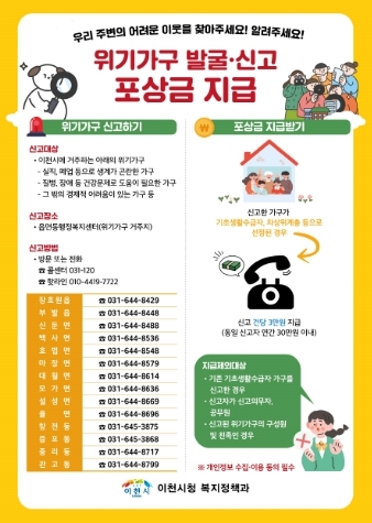이천시는가위기가구 발굴 및 지원을 위한 ‘위기가구 발굴 신고자 포상금 지급’ 제도를 시행하고 있다.