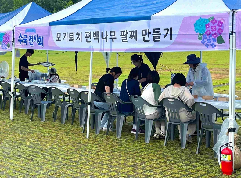 평택시가 내리문화공원 수국전시회에서 ‘모기퇴치 편백나무 팔찌 만들기’를 주제로 목재 체험 부스를 열었다.