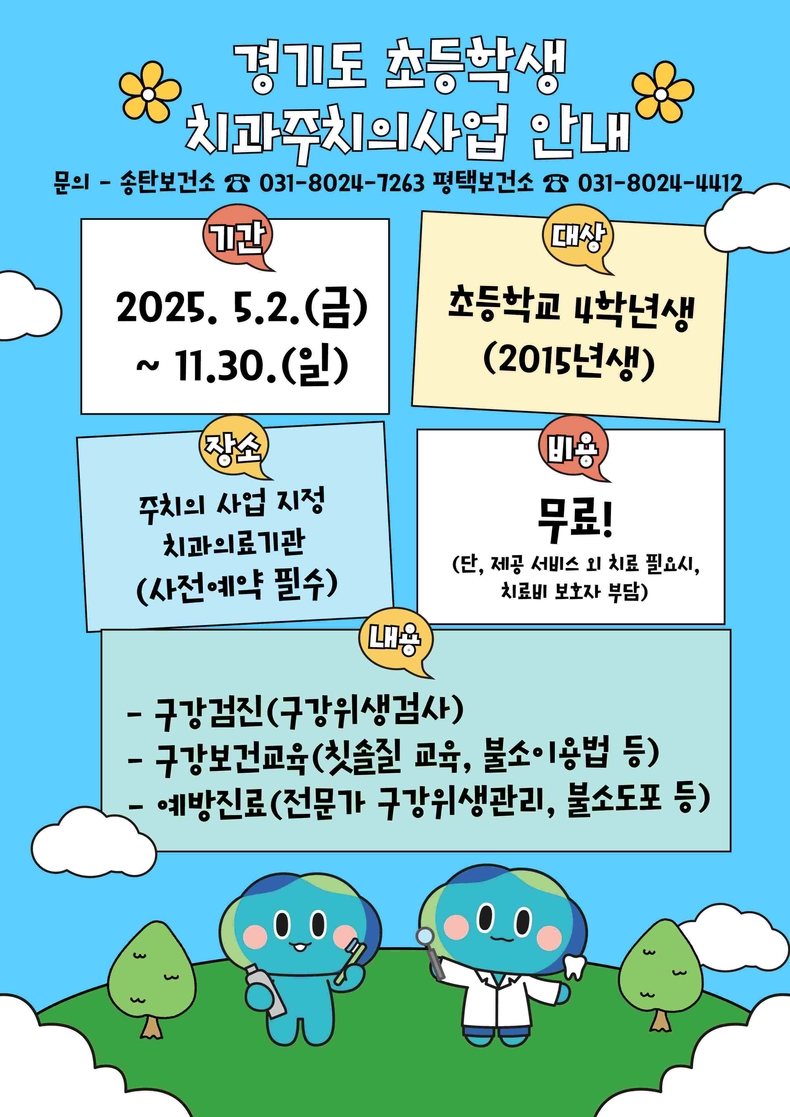 평택시가 지역 내 초등학교 72개교와 특수학교 2개교의 초등학교 4학년 아동 6000여 명을 대상으로 5월부터‘경기도 치과주치의사업’을 시행 중이다.
