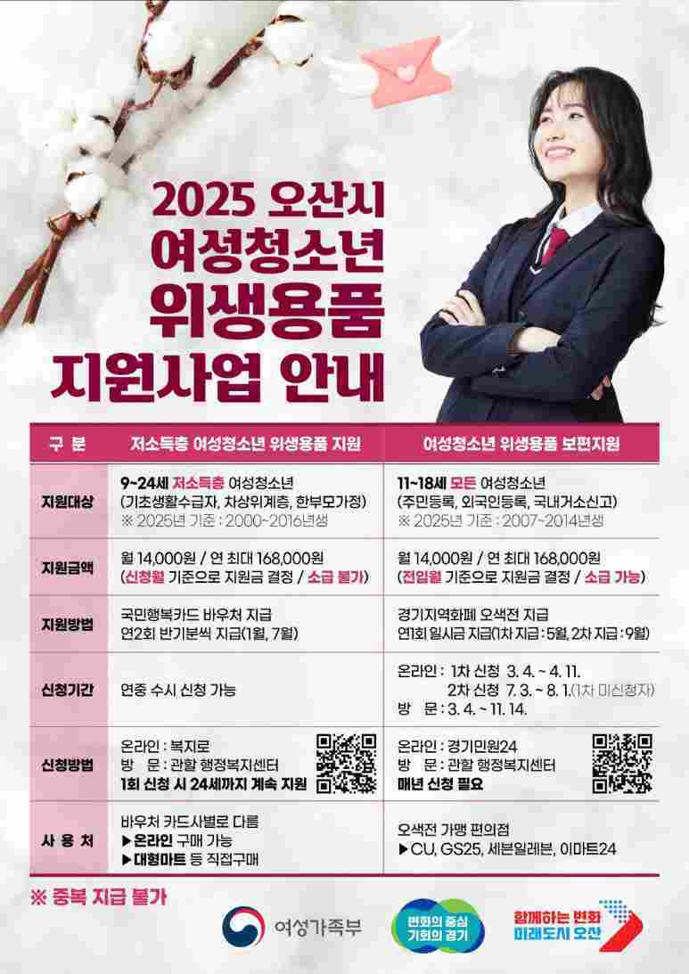 오산시가 여성청소년의 건강권 보장을 위해 추진 중인‘2025년 여성청소년 위생용품 보편지원’의 2차 신청 접수를 시작했다.