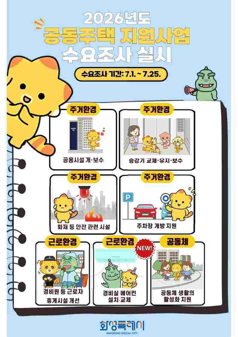 화성특례시가 오는 25일까지 관내 공동주택을 대상으로 2026년도 공동주택 지원사업 추진을 위한 수요조사를 실시한다.