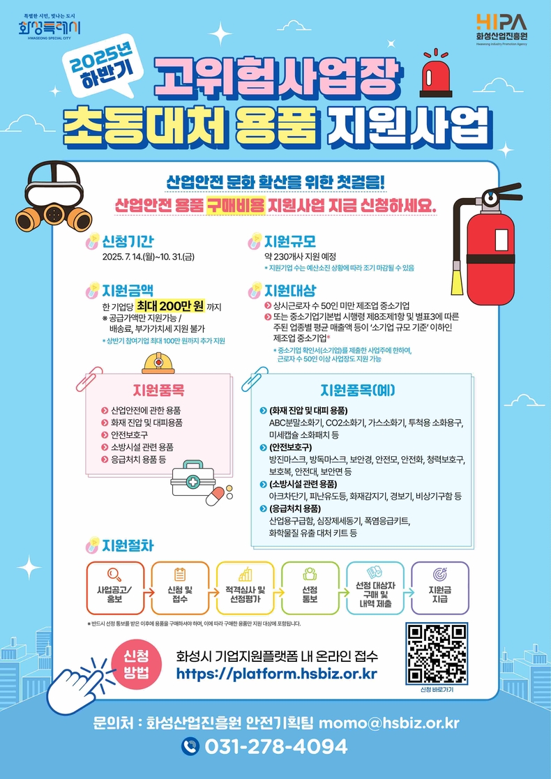 화성산업진흥원이 화성시 제조업 중소기업의 산업재해 예방과 안전한 작업환경 조성을 위해 ‘2025년 하반기 고위험사업장 초동대처 용품 지원사업’ 참여기업을 10월31일까지 모집한다.