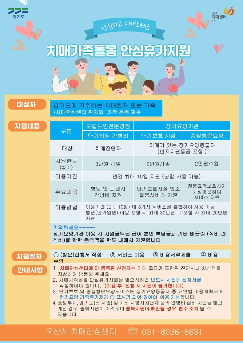 오산시보건소 치매안심센터가 치매환자를 돌보는 가족들의 심리적·신체적 부담을 덜고, 돌봄 공백을 최소화하기 위해 ‘치매가족돌봄 안심휴가지원제’를 상시 운영하고 있다.