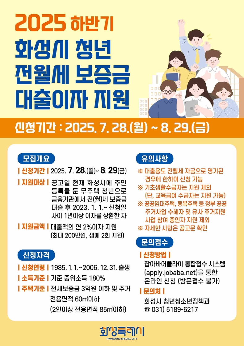 화성특례시가 청년들의 주거비 부담 경감 및 정주 여건 향상을 위해 ‘청년 전·월세 보증금 대출이자 지원 사업’하반기 대상자를 모집한다.