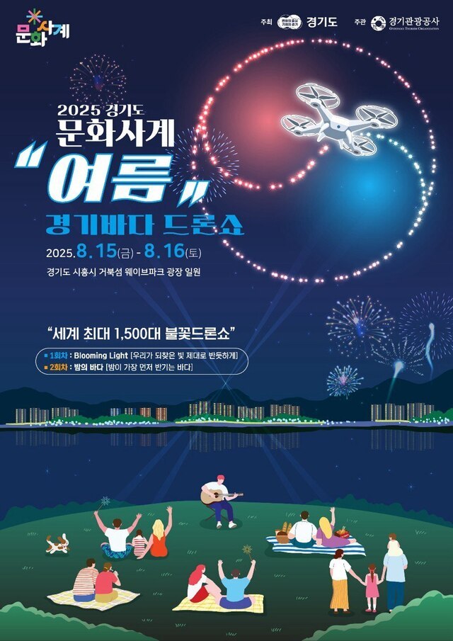 경기도와 경기관광공사가 '경기도 문화사계' 여름 행사로 준비한 경기바다 드론쇼가 8월15~16일 이틀간 시흥 거북섬 웨이브파크 광장 일원에서 펼쳐진다..