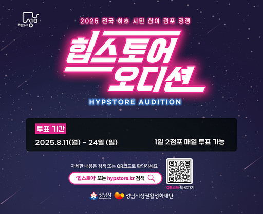 성남시상권활성화재단이 전국 최초 시민 참여형 점포 서바이벌 프로그램인 ‘2025 힙스토어(Hypstore) 오디션’시민투표를 24일까지 진행한다.