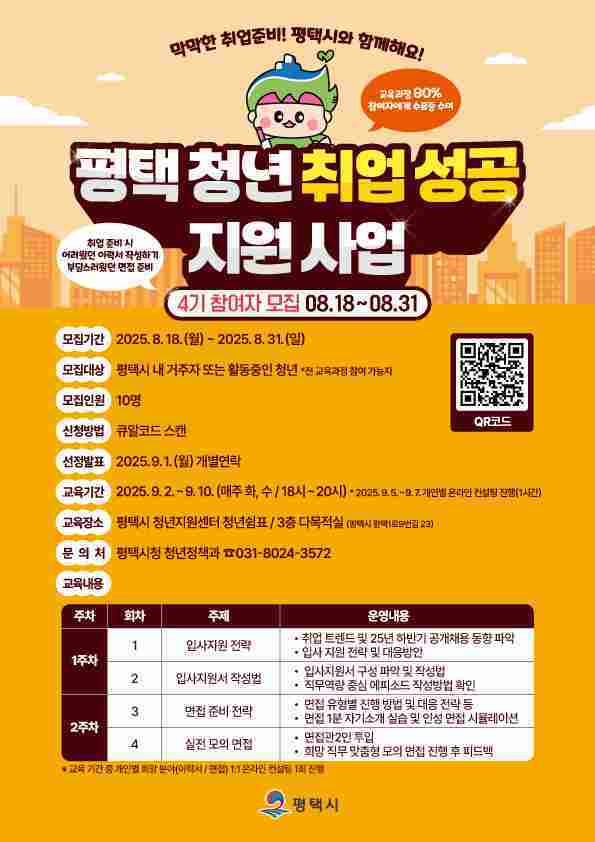 평택시가 18일부터 31일까지‘평택청년 취업 성공 지원사업’4기 교육생을 모집한다.
