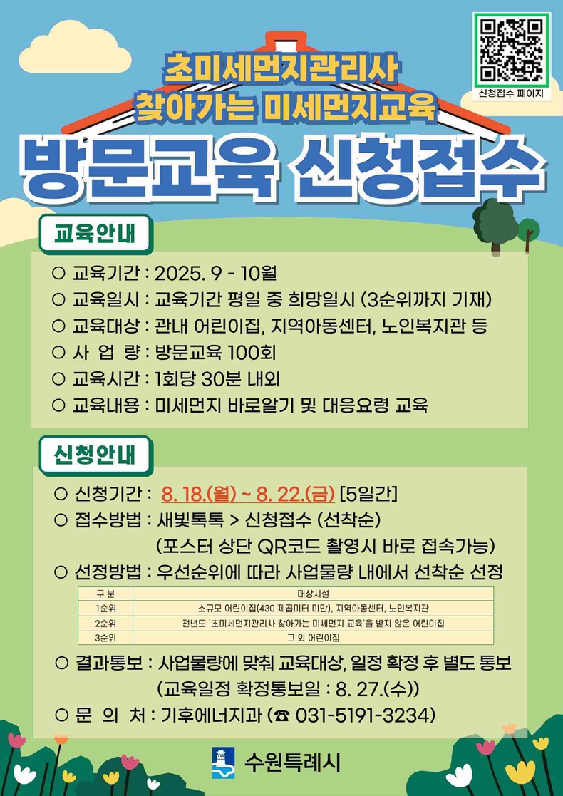 수원시가 미세먼지 위험성과 대응 요령을 안내하는 ‘2025년 초미세먼지관리사 방문교육’에 참여할 시설을 18~22일 모집한다.