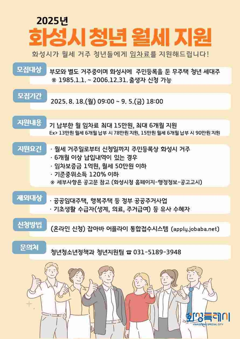 화성특례시가 청년들의 주거비 부담 경감 및 주거 안정을 위해 18일부터 9월5일까지 하반기 ‘청년 월세 지원 사업’ 신청자를 모집한다..