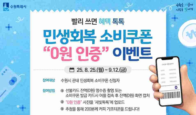 수원시가 민생회복 소비쿠폰 사용을 독려하기 위해 8월25일부터 9월12일까지‘0원 인증 이벤트’를 연다.