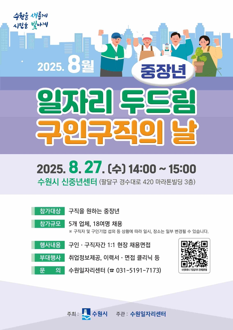 수원시가 27일 오후 2시부터 3시까지 수원시신중년센터에서‘8월 일자리 두드림 구인·구직의 날’ 행사를 개최한다.