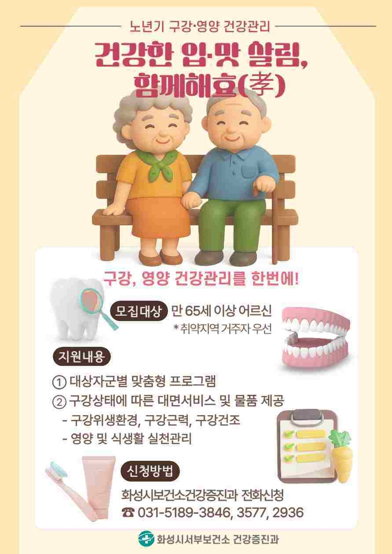 화성특례시가 9월부터 12월까지 서부권 취약지역 거주 65세 이상 어르신을 대상으로 맞춤형 구강·영양 관리 시범사업을 운영한다고 28일 밝혔다.