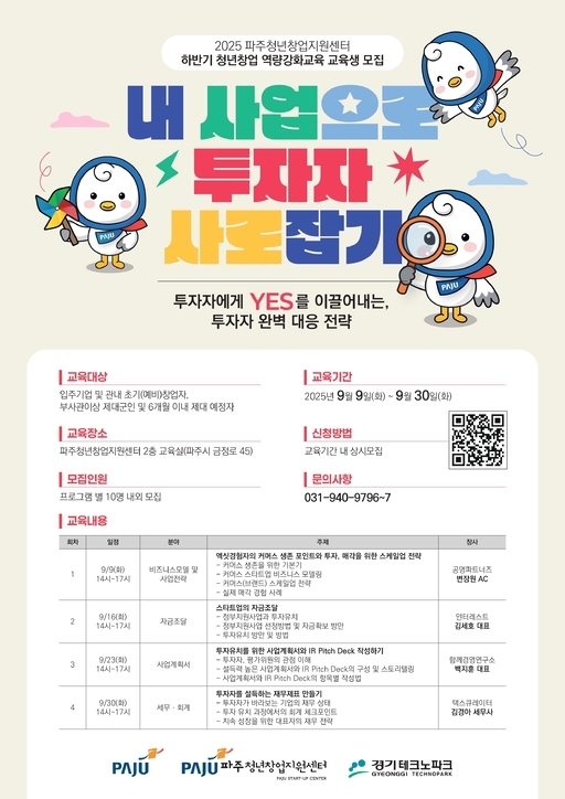 경기테크노파크와 파주시가 청년 창업가들의 실전 역량 강화를 위해 '하반기 파주청년창업지원센터 청년창업 역량강화교육'을 개설하고 참가자를 모집한다.