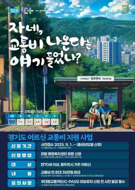 경기도가 어르신들의 교통비 부담을 덜고, 대중교통 이용을 활성화하기 위해, 70세 이상 어르신을 대상으로 교통비 지원사업을 시범 시행한다.
