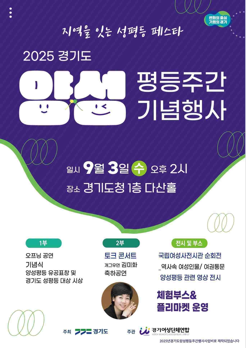 경기도가 오는 3일 오후 2시 경기도청 다산홀에서 ‘2025 경기도 양성평등주간 기념행사’를 개최한다.