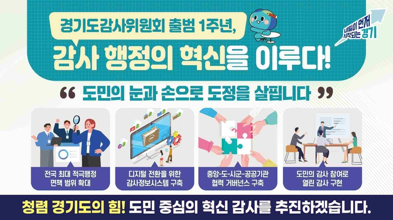 경기도 감사위원회가 출범 후 1년간 디지털 전환, 시군 및 공공기관과 협력체계 강화, 현장·열린 감사로 도민 참여도 확대 등 경기도정의 투명성과 책임성 향상에 기여한 것으로 나타났다.