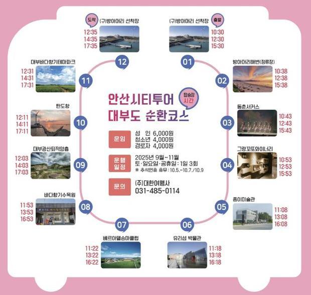 안산시가 6일을 시작으로 11월까지 대부도 뱃길 운항과 연계한 안산시티투어 대부도 순환코스를 시범 운영한다.