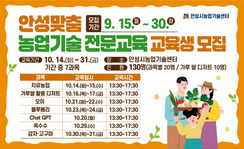 안성시농업기술센터가 15일부터 30일까지 안성맞춤 농업기술 전문교육 교육생을 모집한다.