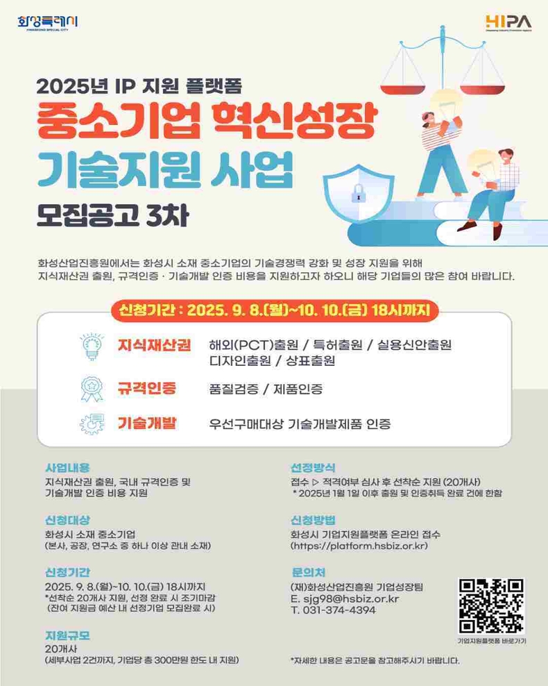 화성산업진흥원이‘2025년 중소기업 혁신성장 기술지원사업’의 3차 참여기업을 모집한다.